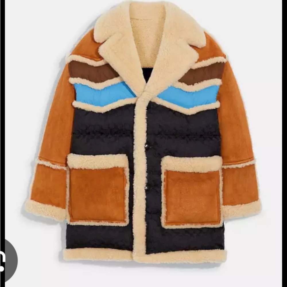 Coach Brown and Blue Puffer Jacket with Color Block Design